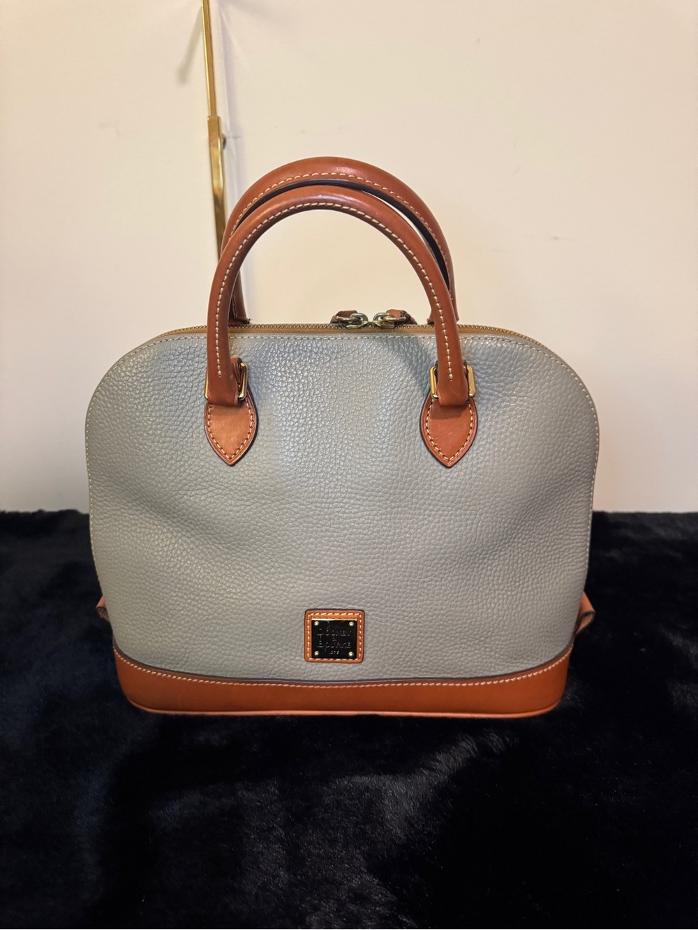 Dooney & Bourke Light Gray Pebble Leather Satchel with Brown Trim